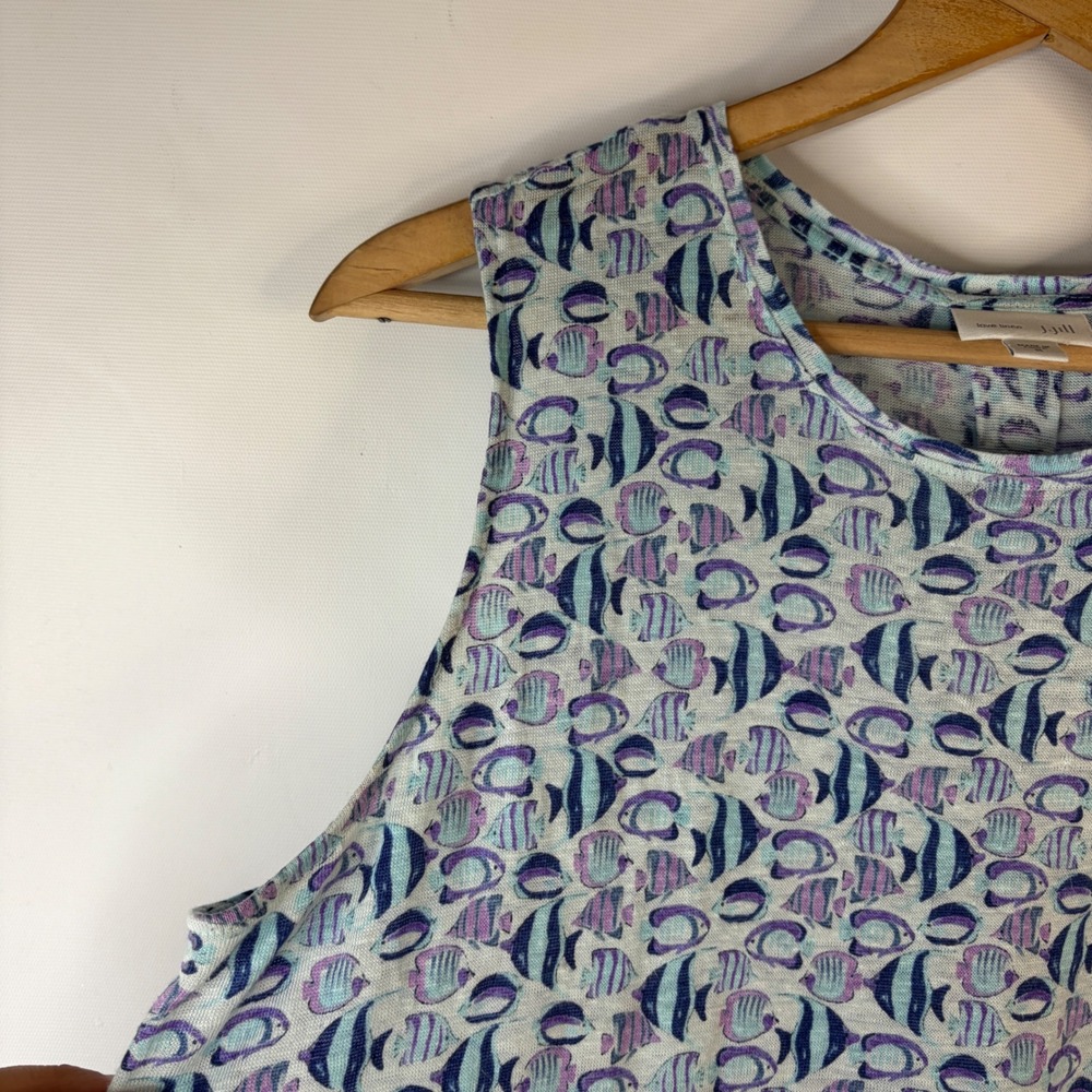 J. Jill Tank Top Women Medium Blue Tropical Fish Print 100% Linen Sleeveless - Picture 3 of 8